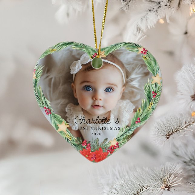 Adorno De Cerámica Primera Navidad del bebé - Foto (Baby's First Christmas – Photo - Heart - Ceramic Ornament.)