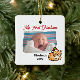 Adorno De Cerámica Primera Navidad del Bebé Foto Gato Naranja Persona