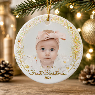 Adorno De Cerámica Primera Navidad del Bebé Foto Nombre Año Dorado