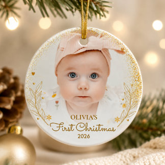 Adorno De Cerámica Primera Navidad del Bebé Foto Nombre Año Dorado
