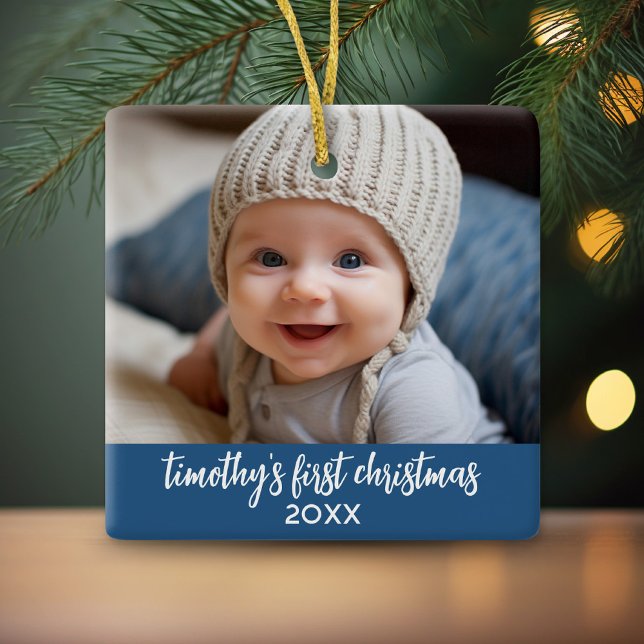 Adorno De Cerámica Primera Navidad del bebé - Niño sencillo, azul (Personalized photo ornament)