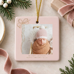 Adorno De Cerámica Primera Navidad del Bebé Personalizada con Lazo Ro