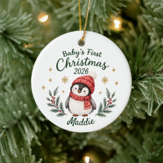 Adorno De Cerámica Primera Navidad del Bebé Personalizada "Pingüino"