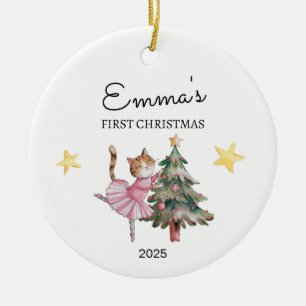 Adorno De Cerámica Primera Navidad del bebé personalizado, Cat Baller
