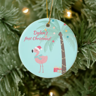 Adorno De Cerámica Primera Navidad del bebé - Santa Flamingo dulce