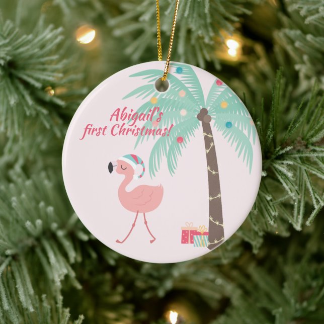 Adorno De Cerámica Primera Navidad del bebé - Santa Flamingo dulce (Árbol)