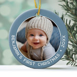 Adorno De Cerámica Primera Navidad del Bebé - Simple Denim Pastel Azu<br><div class="desc">Añada una imagen a este adorable adorno de vacaciones - perfecto para niñas. Un simple borde azul denim claro hace un adorno memorable para tu árbol. Una moderna letra mínima para el año con un lugar para subir una foto cuadrada.</div>