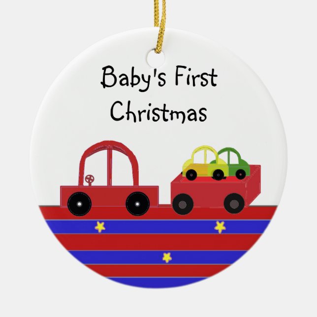Adorno De Cerámica Primera Navidad del bebé vagón y auto rojo (Frente)