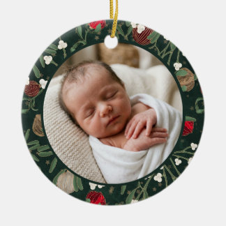 Adorno De Cerámica Primera Navidad del Bebé Vintage Verde Floral Foto