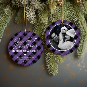 Adorno De Cerámica Primera Navidad en Casa Nueva a Cuadros Morado