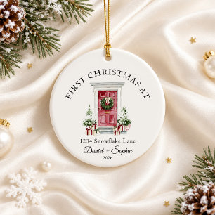 Adorno De Cerámica Primera Navidad en Casa Nueva Acuarela Puerta Roja