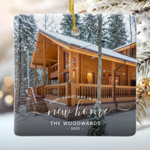 Adorno De Cerámica Primera Navidad en Casa Nueva Foto Script Blanco