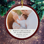 Adorno De Cerámica Primera Navidad en la foto de padrinos<br><div class="desc">Personalice este adorno con una foto de su bebé y el año para hacer un hermoso regalo de mantenimiento para los nuevos padrinos.</div>