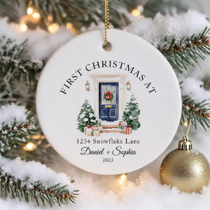Adorno De Cerámica Primera Navidad En La Nueva Puerta Azul Acuarela D