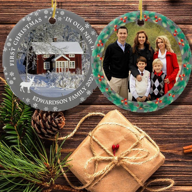 Adorno De Cerámica Primera Navidad en nuestra nueva foto de casa (First Christmas in our new home ornament. Add your own photos, text and year to personalize.)