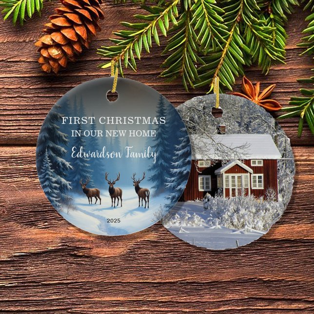 Adorno De Cerámica Primera Navidad en nuestra nueva foto en casa (Create your own First Christmas in our new Home, family name and year, photo Ceramic Ornament.
)