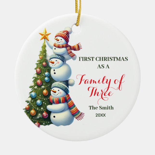 Adorno De Cerámica Primera Navidad: Familia de 3 Navidades Snowman (Frente)