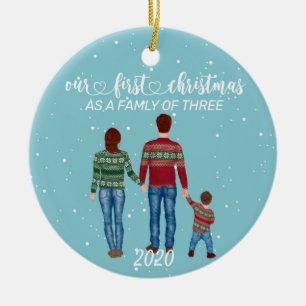 Adorno De Cerámica Primera Navidad Familia de Tres Niño de Pelo Casta