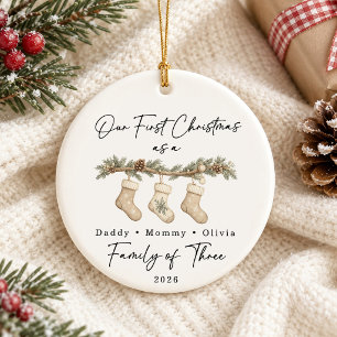Adorno De Cerámica Primera Navidad Familia de Tres Personalizado