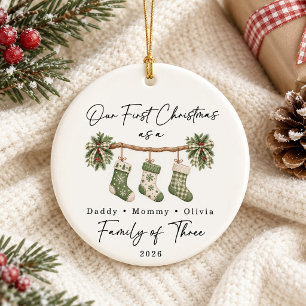 Adorno De Cerámica Primera Navidad Familia de Tres Personalizado