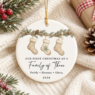 Adorno De Cerámica Primera Navidad Familia de Tres Personalizado