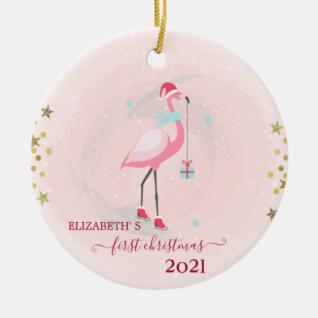 Adorno De Cerámica Primera Navidad Flamingo rosa Flamingo Santa Hat (Frente)