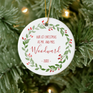 Adorno De Cerámica Primera Navidad foto casada Wreath Red Text