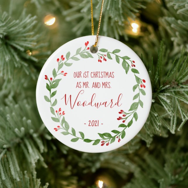 Adorno De Cerámica Primera Navidad foto casada Wreath Red Text (Árbol)