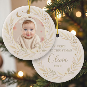 Adorno De Cerámica Primera Navidad Foto de Bebé Boho Celestial