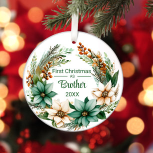 Adorno De Cerámica Primera Navidad: Hermano Blanco Poinsettias verdes