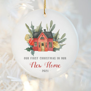 Adorno De Cerámica Primera Navidad Hogar Nuevo Acuarela Casa Roja
