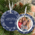 Adorno De Cerámica Primera Navidad juntos foto Blue Snowflake<br><div class="desc">Nuestro primer ornamento navideño personalizado con tu foto, nombre, año y texto personalizado. Este adorno vacacional es azul y está decorado con copos de nieve blancos. Está escrito con "nuestra primera navidad juntos" y usted puede editar "juntos" a la redacción de su elección. La parte posterior tiene más copos de...</div>