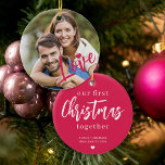 Adorno De Cerámica Primera Navidad juntos foto escritura de amor rosa<br><div class="desc">Sube tu foto favorita (preferiblemente cuadrada),  inserta tu texto,  nombres y fecha,  y haz de este adorno moderno y moderno de árbol de Navidad rosa un regalo para recordarte tu relación,  compromiso,  boda o cualquier otro aniversario de la pareja!</div>