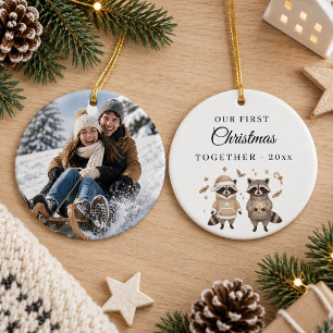 Adorno De Cerámica Primera Navidad Juntos Foto Pareja Mapaches