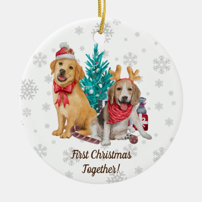 Adorno De Cerámica Primera Navidad juntos perros personalizados cacho (Frente)