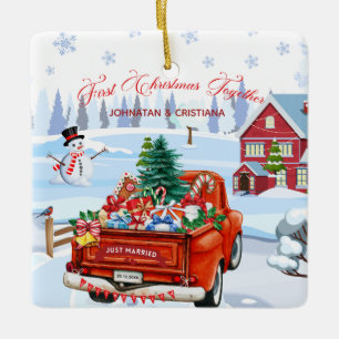 Adorno De Cerámica Primera Navidad Juntos Recién Casados Camioneta Vi