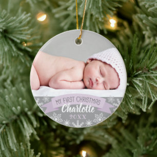 Adorno De Cerámica Primera Navidad Lavanda Morado Foto de Bebé Niña