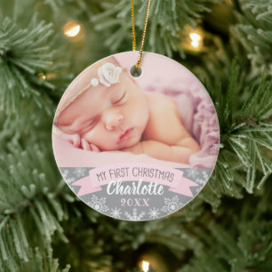 Adorno De Cerámica Primera Navidad Luz Rosa Foto de Bebé Niña