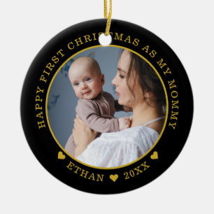 Adorno De Cerámica Primera Navidad, mamá, foto de bebé, negro y oro