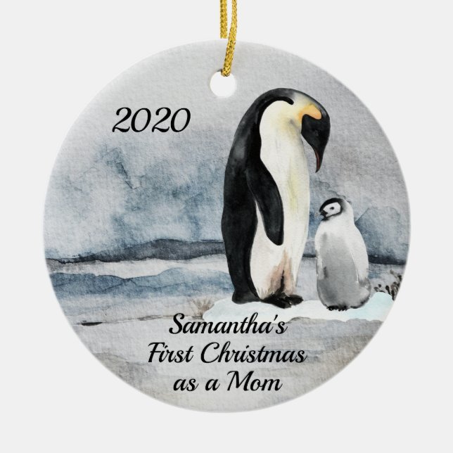 Adorno De Cerámica Primera Navidad: Mamá pingüino y bebé (Frente)
