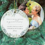 Adorno De Cerámica Primera Navidad Marcado Foto cristiana<br><div class="desc">Este ornamento cristiano, primera Navidad casado, presenta hermosas flores de acuarela blanca y vegetación de eucaliptos, la canción de la Biblia Verse de Salomón 3:4 (he encontrado al que ama mi alma). Al revés, hay espacio para una foto boda. Creado como parte de mi elegante colección de bodas Chloe. Asegúrese...</div>