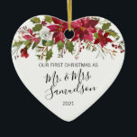 Adorno De Cerámica Primera Navidad Marcado Red Poinsettia Watercolor<br><div class="desc">Elegantes Navidades florales adornado de poinsettia floral por primera vez casados Sr. y Sra. Name. Rojo,  blanco y verde. Personalízalos añadiendo tu nombre. Hace un regalo perfecto para mantener a su cónyuge (marido o mujer). Forma cardíaca.</div>