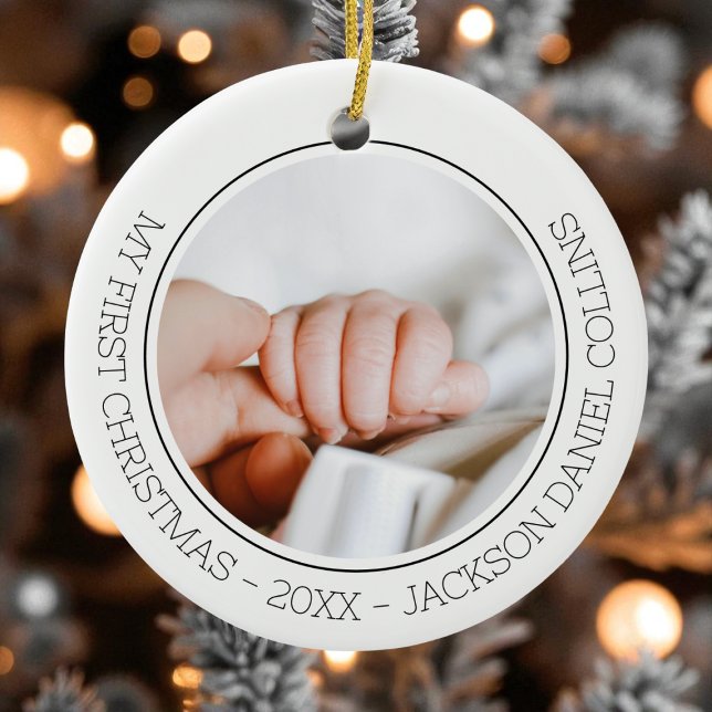 Adorno De Cerámica Primera Navidad Moderna Bebé Simple 2 Foto Recién  (First Christmas Modern Simple Baby 2 Photo Newborn Ceramic Ornament)