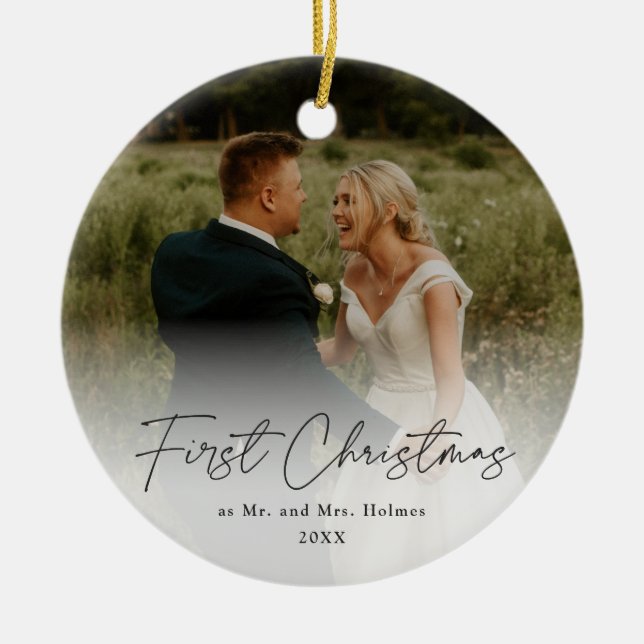 Adorno De Cerámica Primera Navidad Moderna Boda manuscrita Foto (Frente)