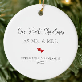 Adorno De Cerámica Primera Navidad Mr. Mrs. Red Hearts Couple Photo