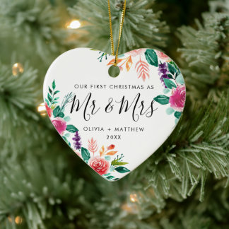 Adorno De Cerámica Primera Navidad Mr. & Mrs Script Floral Photo