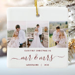 Adorno De Cerámica Primera Navidad Mr. y Mrs. 3 Photo Red Script<br><div class="desc">Conmemorar tu primera Navidad como recién casados con este hermoso adorno de keepsake moderno. El texto rojo burdeos dice "Nuestra primera Navidad como, " con las palabras "mr & mrs" en un elegante guión de escritura a mano con flores antes y después. Reemplace las tres imágenes de ejemplo con sus...</div>