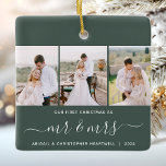 Adorno De Cerámica Primera Navidad Mr. y Mrs. 3 Photo Script Green<br><div class="desc">Conmemorar tu primera Navidad como recién casados con este hermoso adorno de keepsake moderno. El texto en blanco dice "Nuestra primera Navidad como, " con las palabras "mr & mrs" en un elegante guión de escritura a mano con flores antes y después. Reemplace las tres imágenes de ejemplo con sus...</div>