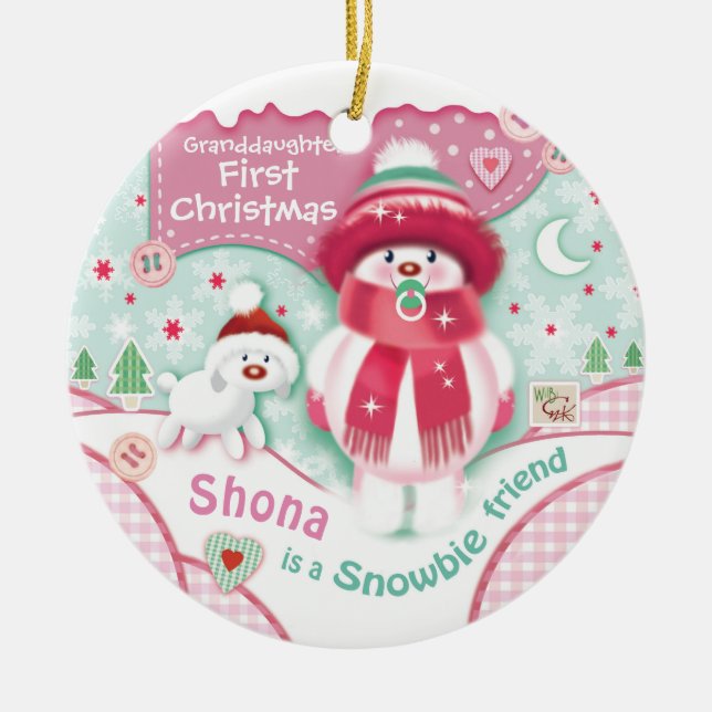 Adorno De Cerámica Primera Navidad, Nieta, Cute Snowbie (Frente)