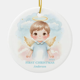 Adorno De Cerámica Primera Navidad Niño Angel Foto Azul